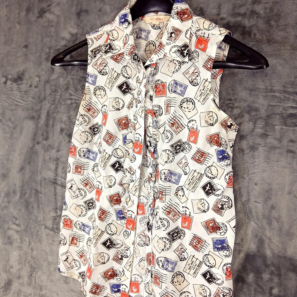 Brooks Brothers Shirt Womens 2 White Postal Stamp Print Sleeveless Ruffle Cotton - Picture 3 of 11